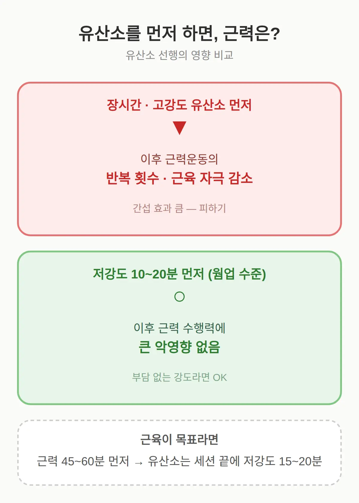 근육을 키우는 루틴 — 근력 먼저, 유산소는 20분 저강도