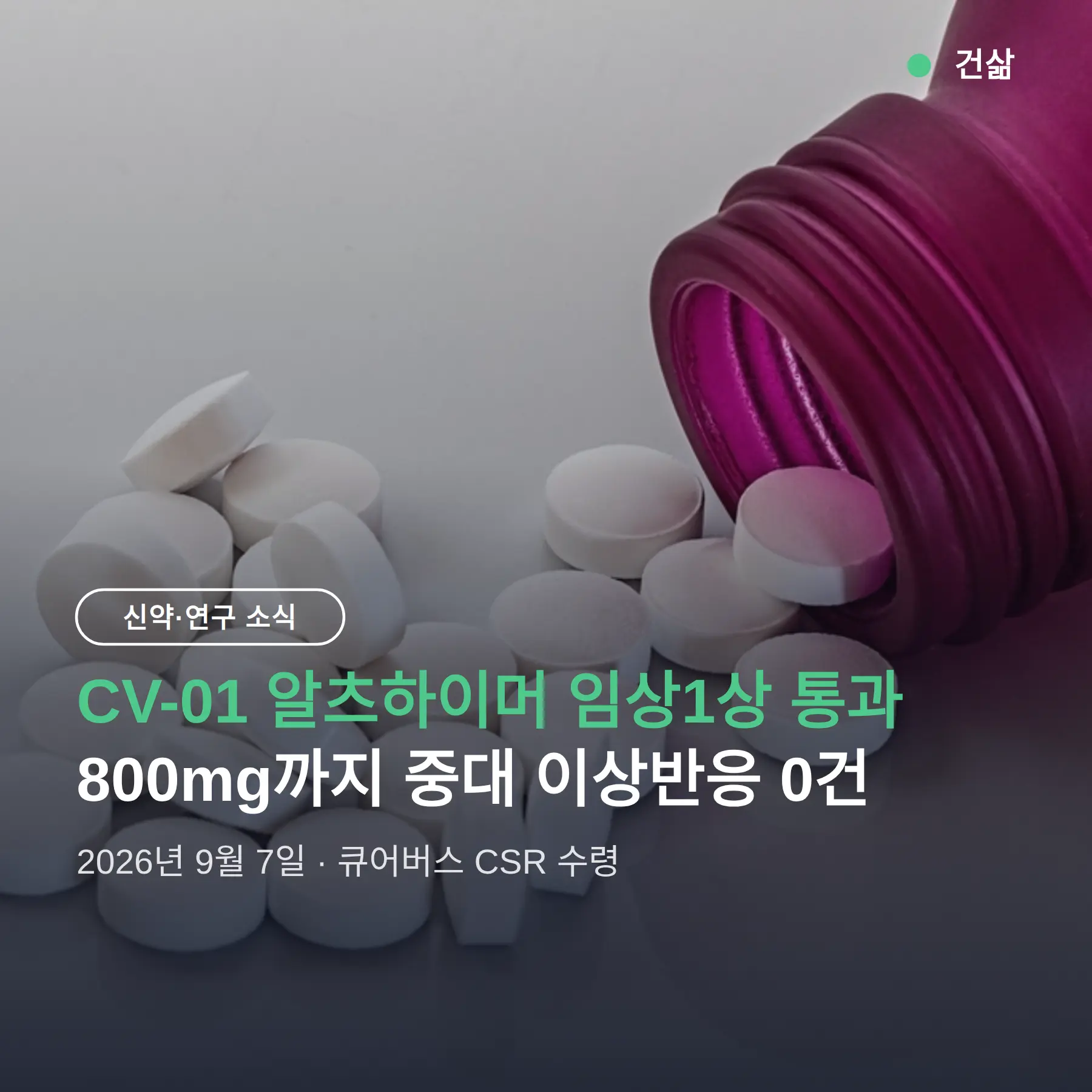 CV-01 알츠하이머 임상1상 통과, 고용량 800mg까지 중대 이상반응 0건