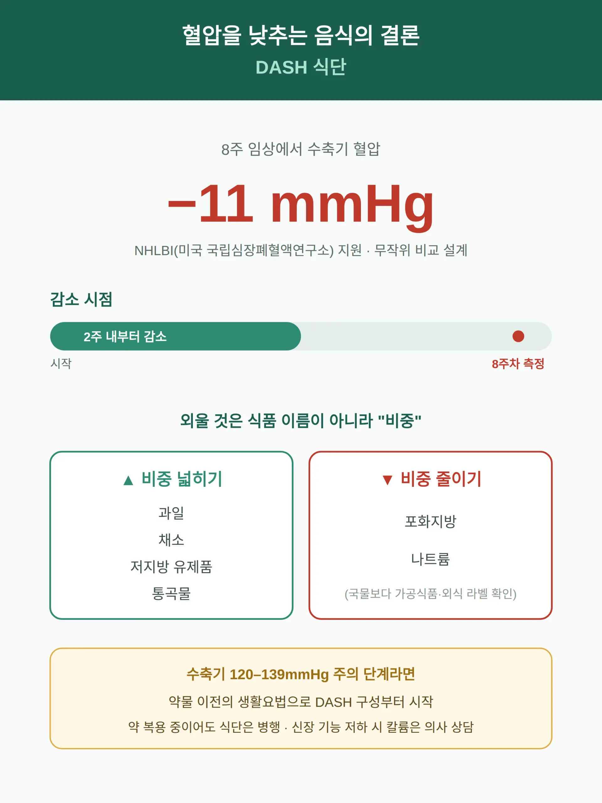 혈압 낮추는 방법 음식, 결론은 DASH 식단 8주 수축기 11mmHg