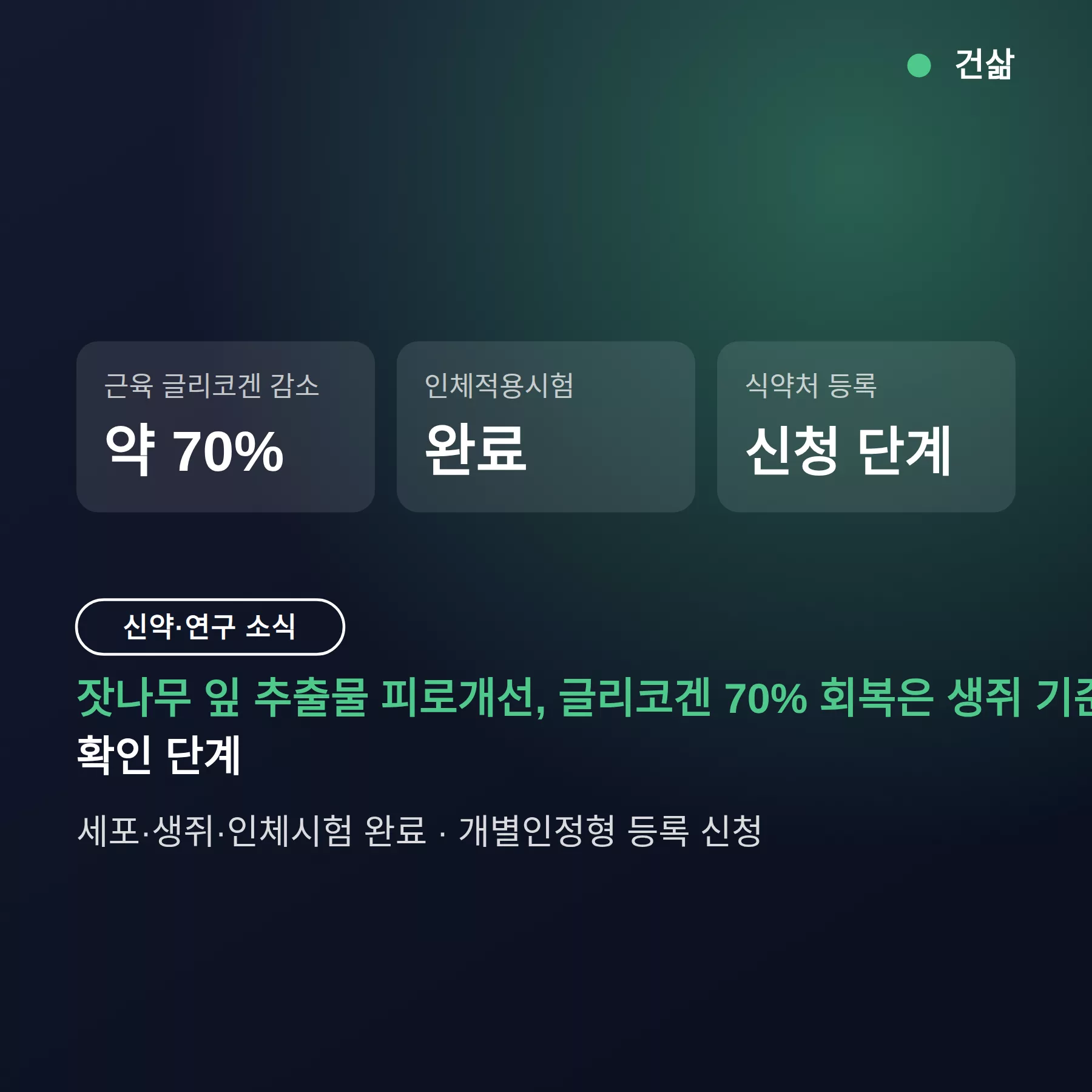 잣나무 잎 추출물 피로개선, 글리코겐 70% 회복은 생쥐 기준 — 식약처 등록은 신청 단계