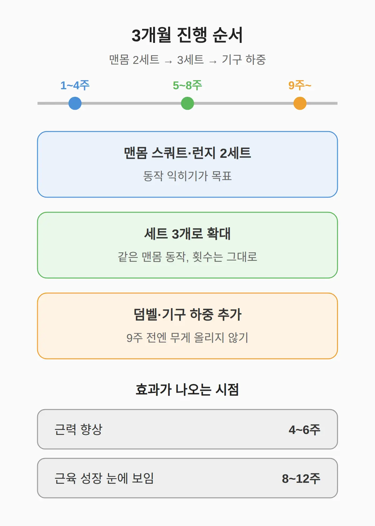 3개월 진행 순서 — 맨몸 2세트에서 기구 하중까지