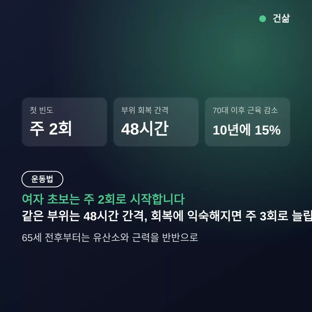 초보자 헬스 루틴 여자, 주 2회 시작과 3분할 12주 — 65세 전후 근력 비중